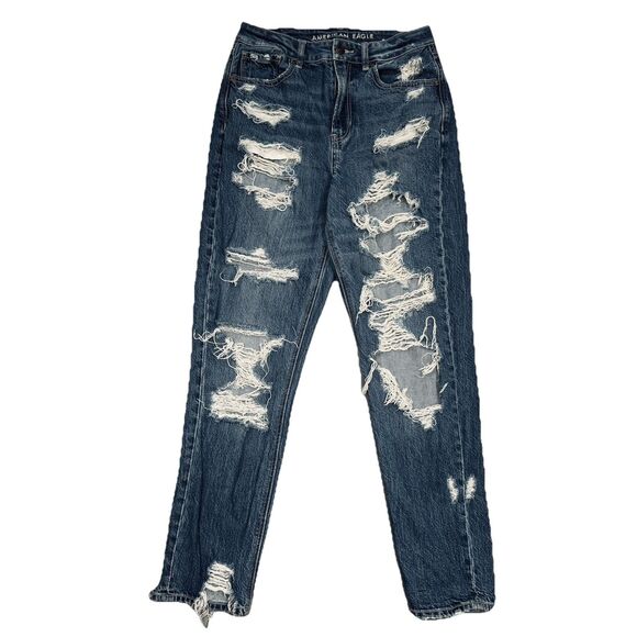 American Eagle Mom Jeans Womens 2 Blue Destroyed Distressed Denim Measures 26x27 - Picture 1 of 8